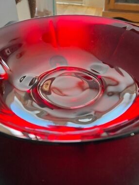 Vintage MCM New Martinsville Ruby Red Moondrop (UV GLOW) 3 Foot Glass Bowl